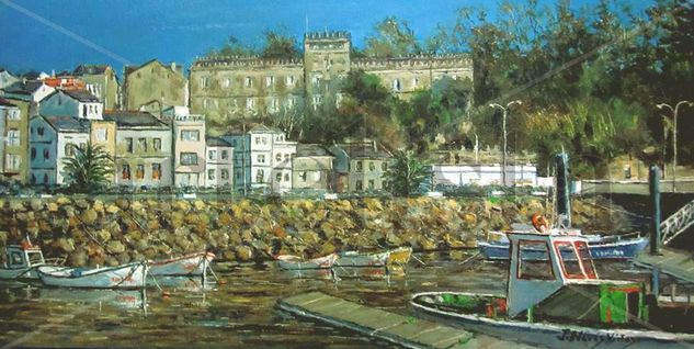 Figueras ( Asturias ) Oil Panel Marine Painting