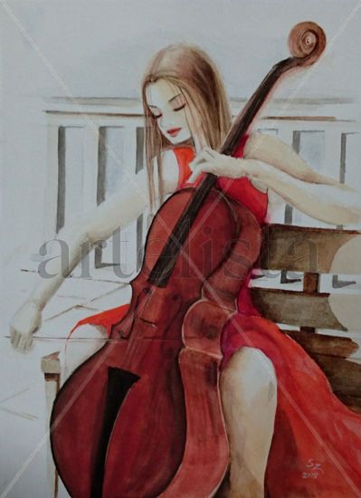 Cello in Red Watercolour Paper Figure Painting