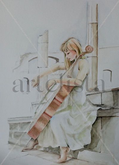 Cello en Blanco, Cello in White Watercolour Paper Figure Painting