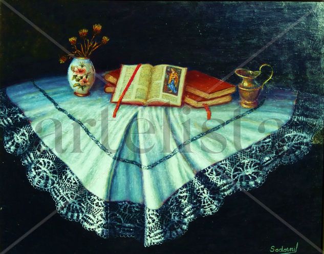 tela puntilla jarron libros Oil Panel Still Life Paintings