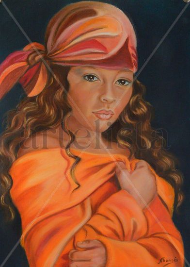 Gitanilla con manton naranja Oil Textile Portrait