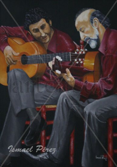 Guitarristas Flamencos Óleo Tabla Figura