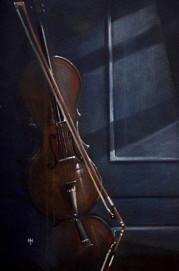 Violin en la ventana, Violin on the window Mixed media Paper Still Life Paintings