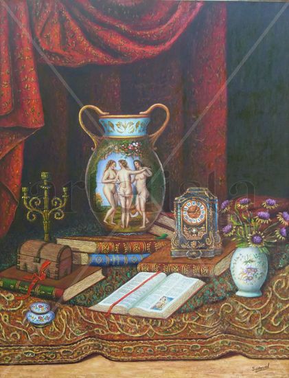 cortinajes libros jarron con las tres gracias Oil Textile Still Life Paintings