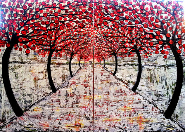 El sendero blanco de los caracoles rojos 2 (díptico) Mixed media Canvas Landscaping