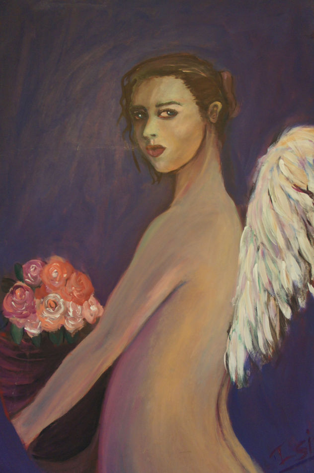 Joven y bella  cupido con ramo de flores