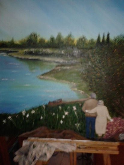 Pareja y lago Oil Canvas Landscaping