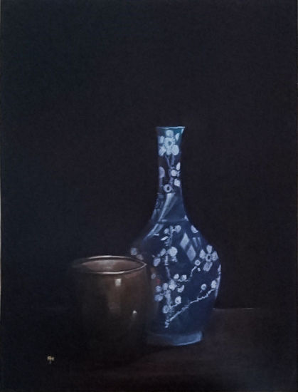 Chinese Porcelain Vase, Jarron Chino de porcelana Media Mixta Papel Bodegones