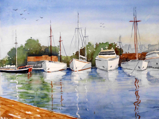 YATES EN LA MARINA, BARCELONA Watercolour Paper Marine Painting