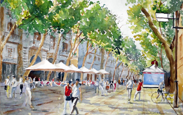 LAS RAMBLAS Acuarela Papel Paisaje