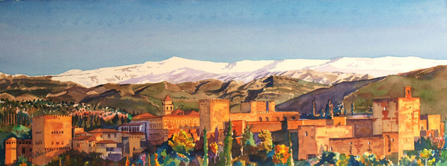 Alhambra y Sierra Nevada Acuarela Papel Paisaje