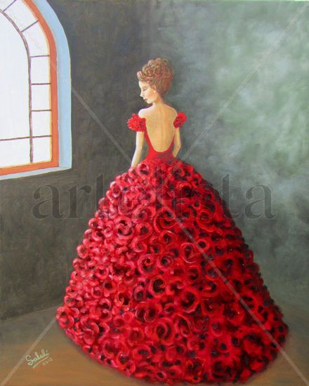 Vestida de rojo. Oil Textile Figure Painting