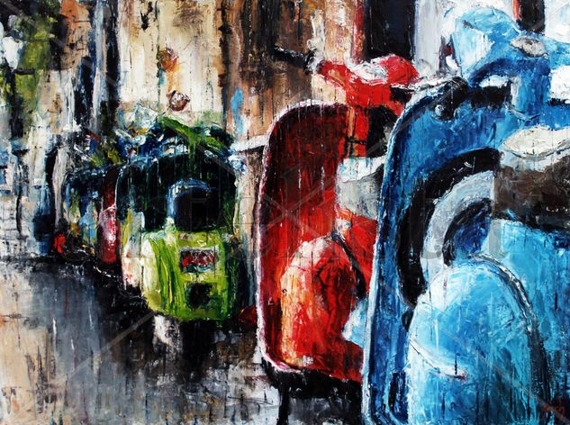 vespas en fila Oil Canvas Landscaping