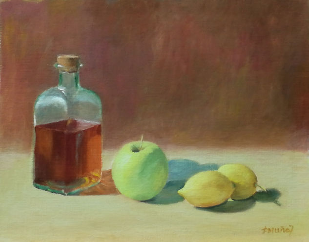 Botella, manzana y limones Oil Paper Still Life Paintings