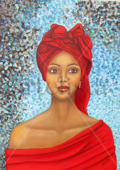 Morena con turbante rojo. Oil Textile Figure Painting