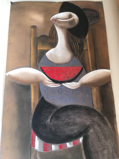 MUJER SENTADA CON SANDIA Pastel Paper Figure Painting