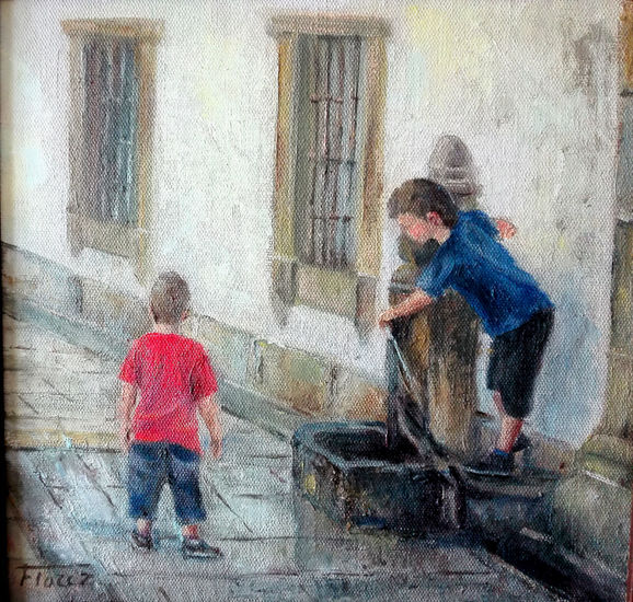 Jugando con el agua Oil Panel Figure Painting