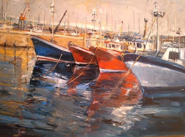 BARCAS DE PESCA EN SANTURCE Oil Canvas Marine Painting