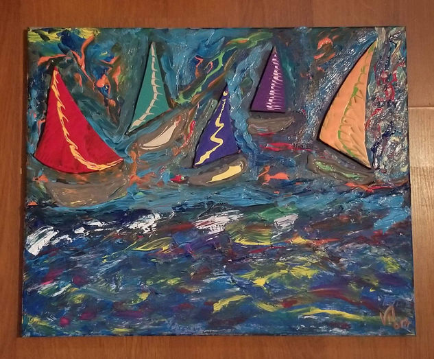 "VELEROS EN FUGA" Mixed media Canvas Marine Painting