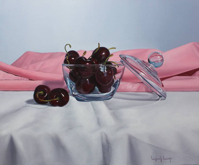 Cerezas con paño rosa Oil Panel Still Life Paintings