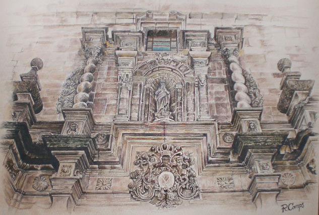 Pórtico iglesia Calaceite Watercolour Paper Landscaping