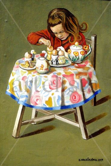 Niña con mesa y huevos de pascua Oil Canvas Figure Painting