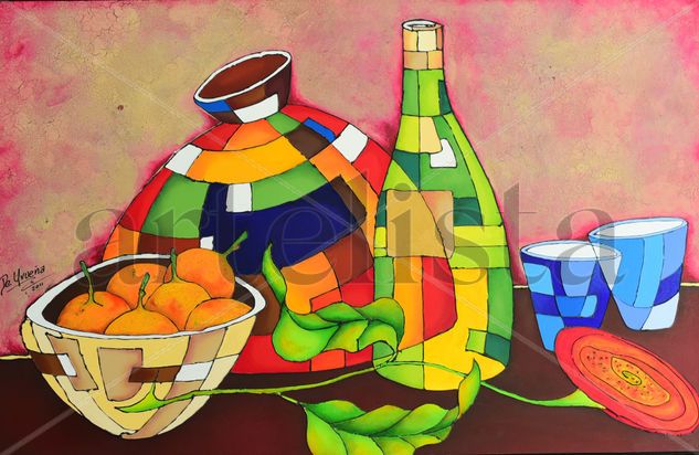 BODEGON CON BOTELLA VERDE Mixed media Canvas Still Life Paintings