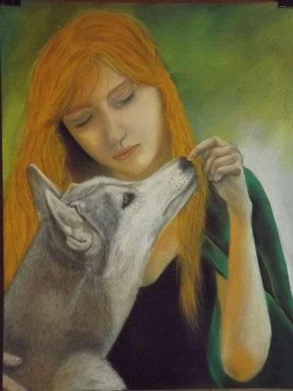 Chica con lobo. Pastel Cartulina Figura