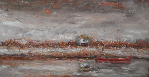 Cabaña con canoa  I Acrylic Canvas Marine Painting