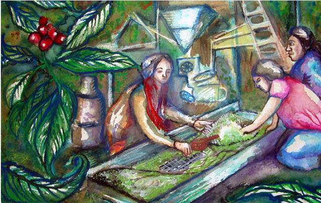 Mujeres seleccionando café Watercolour Paper Figure Painting