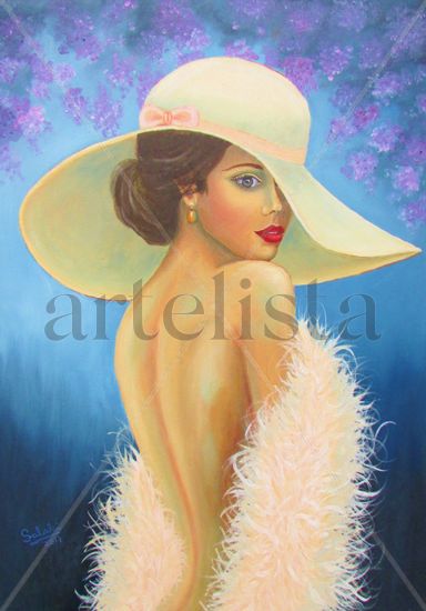 Mujer con estola de plumas. Oil Textile Figure Painting