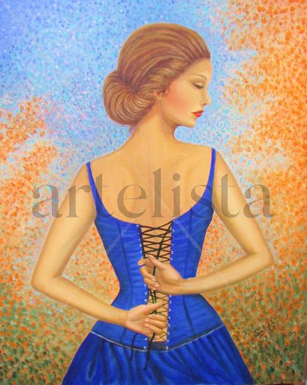 Atando el Corset. Oil Textile Figure Painting