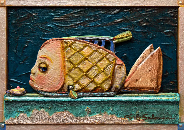 EL PEZ TOSTADORA - (Enmarcado, 3D efecto) Media Mixta Tabla Animales