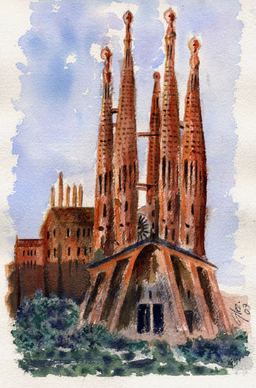 Fachada de la Pasión en la Sagrada Familia Watercolour Card Landscaping