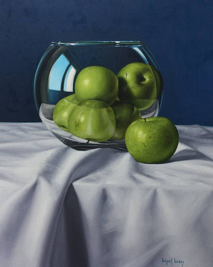 Manzanas verdes sobre fondo azul Oil Canvas Still Life Paintings