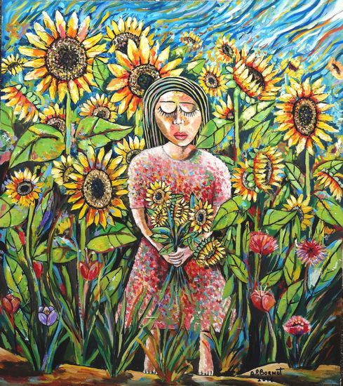 Paseo con girasoles Oil Canvas Floral Painting