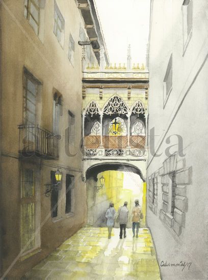 Puente del Obispo en el Barrio Gótico, Barcelona. Watercolour Paper Landscaping