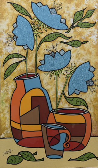 JARROS CON CAMPANITAS AZULES Mixed media Canvas Still Life Paintings