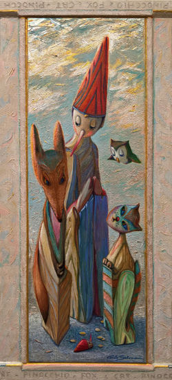 Pinocho, el zorro y el gato - (Marco integrado, adornado) Acrylic Canvas Figure Painting