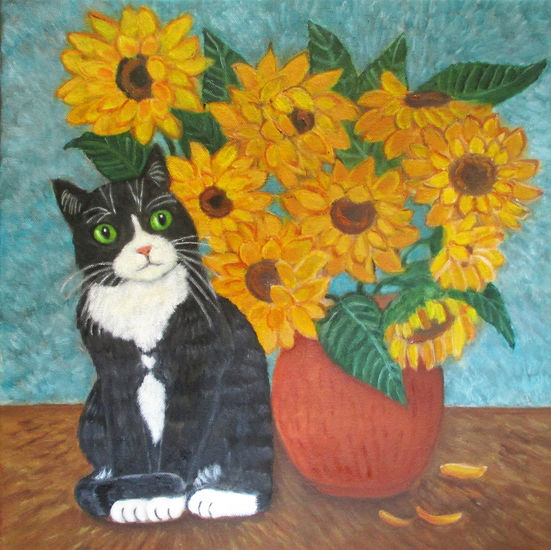 Gato gon girasoles. Oil Canvas Animals