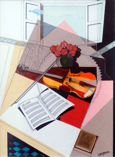 Interior con violín y partitura Card Still Life