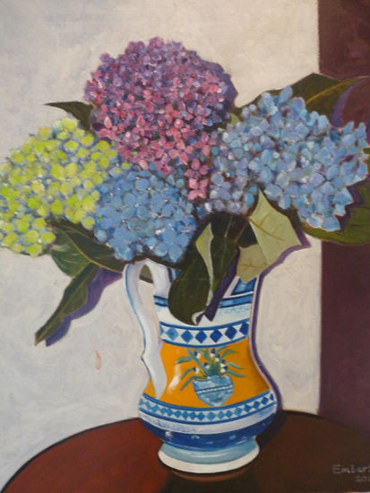 Hortensias en un jarro ceramico Oil Canvas Floral Painting