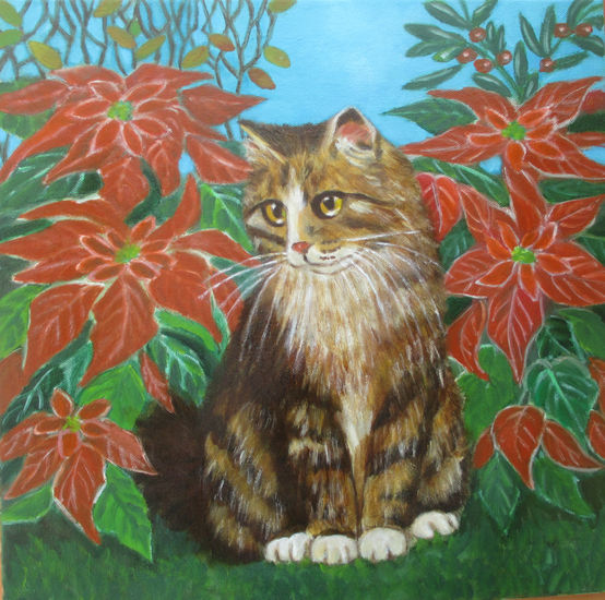 gato entre poinsettias. Óleo Lienzo Animales