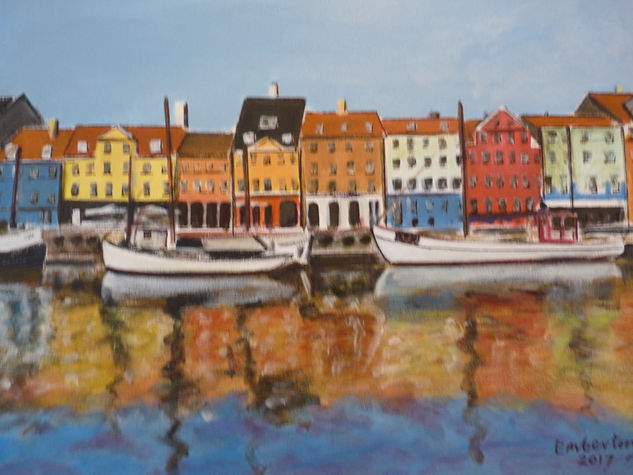 Reflejos de muelles de Copenhagen Watercolour Canvas Marine Painting