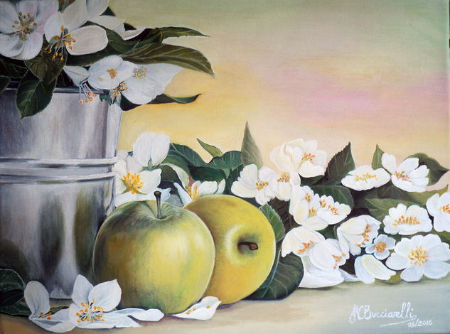 Entre flores, dos manzanas Oil Canvas Still Life Paintings