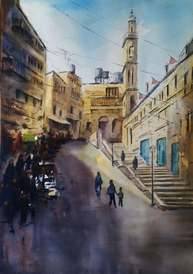 Una calle de Belem-Palestina Acuarela Papel Paisaje