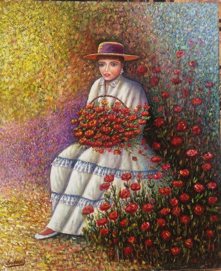 dama con flores Oil Textile Figure Painting