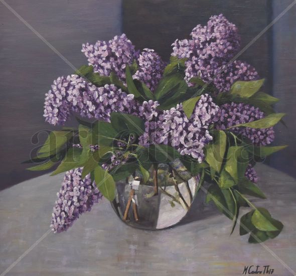 JARRON DE LILAS Oil Panel Floral Painting