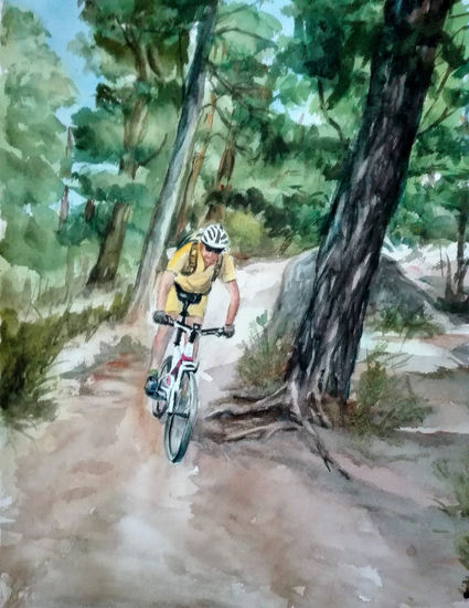 Pedaleando por la sierra Watercolour Paper Figure Painting