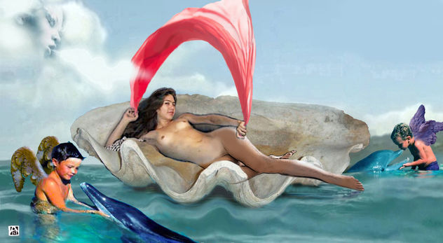 Venus anadiómena, o Venus saliendo del mar, con dos amorcillos o puttis que acompañan a la diosa al navegar.